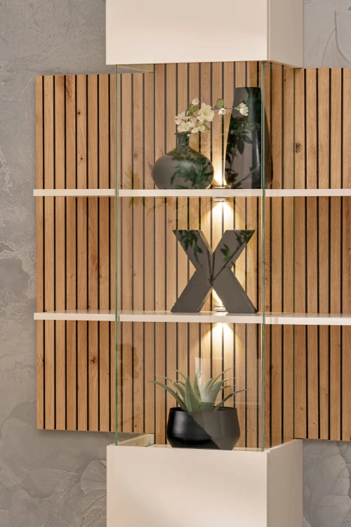 Meblościanka Gusto LUX B z oświetleniem LED do salonu kaszmir/dąb artisan
