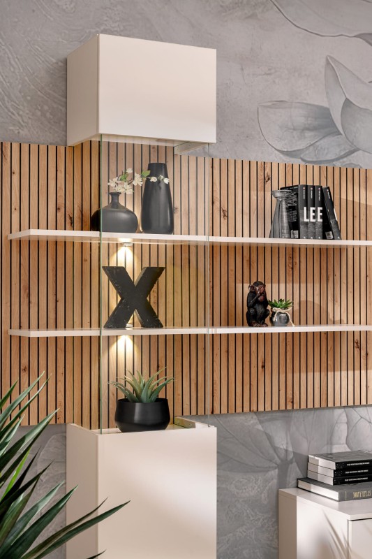 Meblościanka Gusto LUX B z oświetleniem LED do salonu kaszmir/dąb artisan