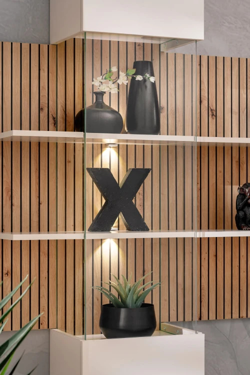 Meblościanka Gusto LUX B z oświetleniem LED do salonu kaszmir/dąb artisan