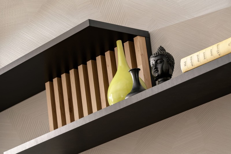 Półka wisząca Cameron 162 cm z lamelami do salonu czarny/hickory jackson