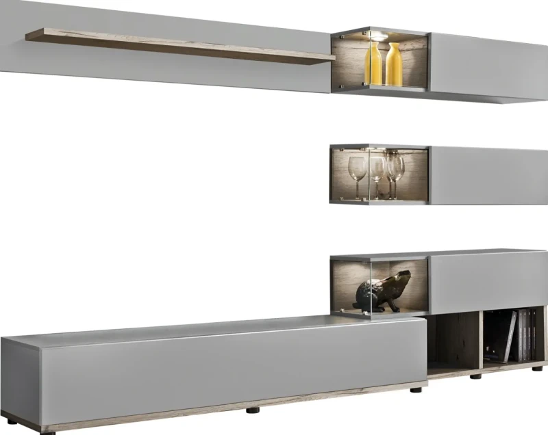 Meblościanka Silk 240 cm zestaw 6 elementów z oświetleniem LED do salonu szary