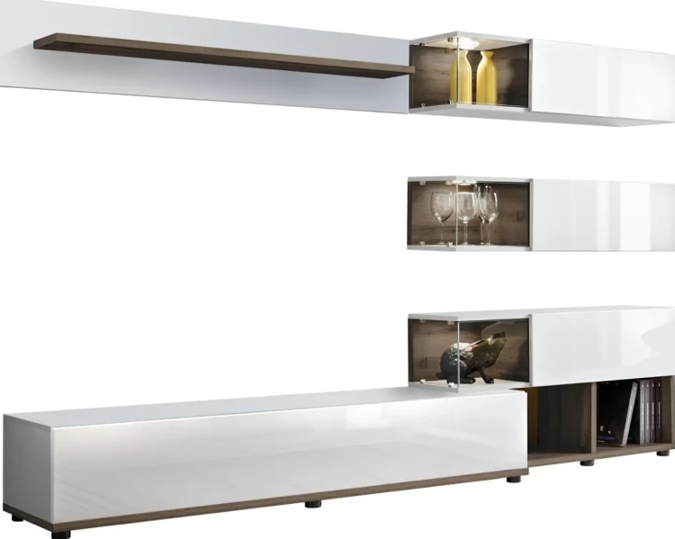 Meblościanka Silk 240 cm zestaw 6 elementów z oświetleniem LED do salonu biały