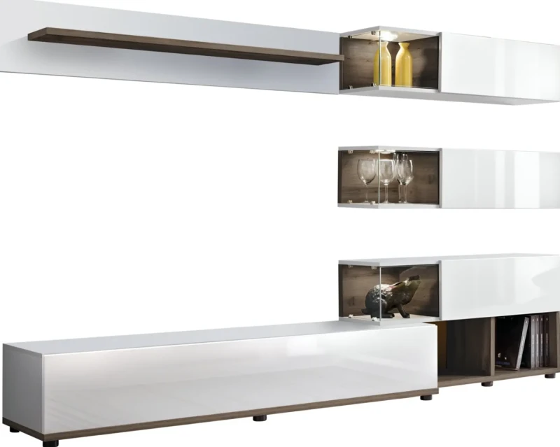 Meblościanka Silk 240 cm zestaw 6 elementów z oświetleniem LED do salonu biały