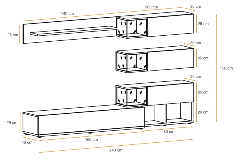 Meblościanka Silk 240 cm zestaw 6 elementów z oświetleniem LED do salonu