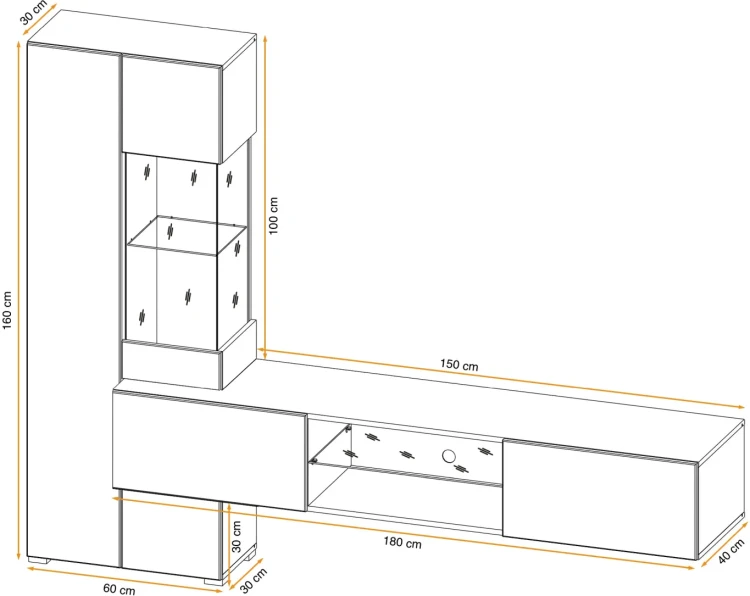 Meblościanka Try 210 cm z oświetleniem LED do salonu antracyt/dąb wotan