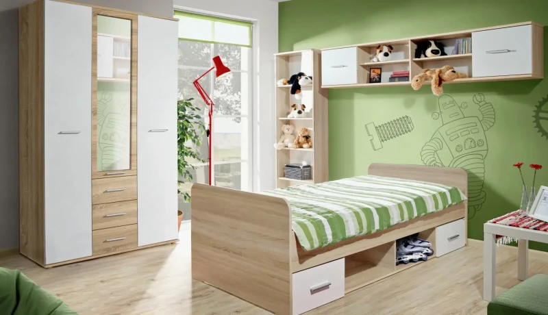 Szafka wisząca Dino 204 cm z półkami do pokoju młodzieżowego dąb sonoma/biały mat