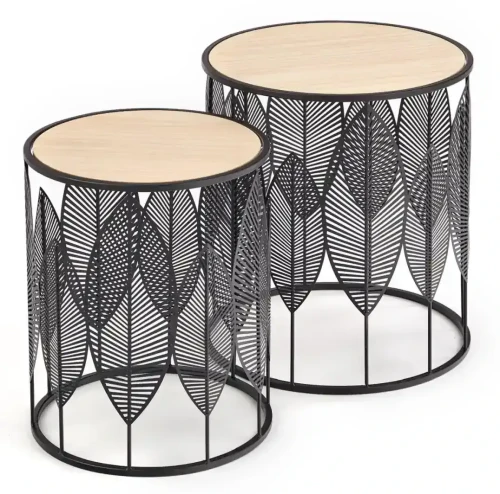 Zestaw 2 stolików Folla okrągły blat naturalny/czarny