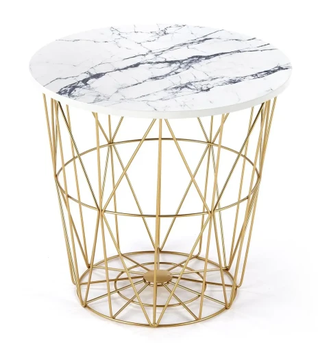 Ława okrągła Harrisa_G 42cm z funkcją pojemnika biały marmur/złoty