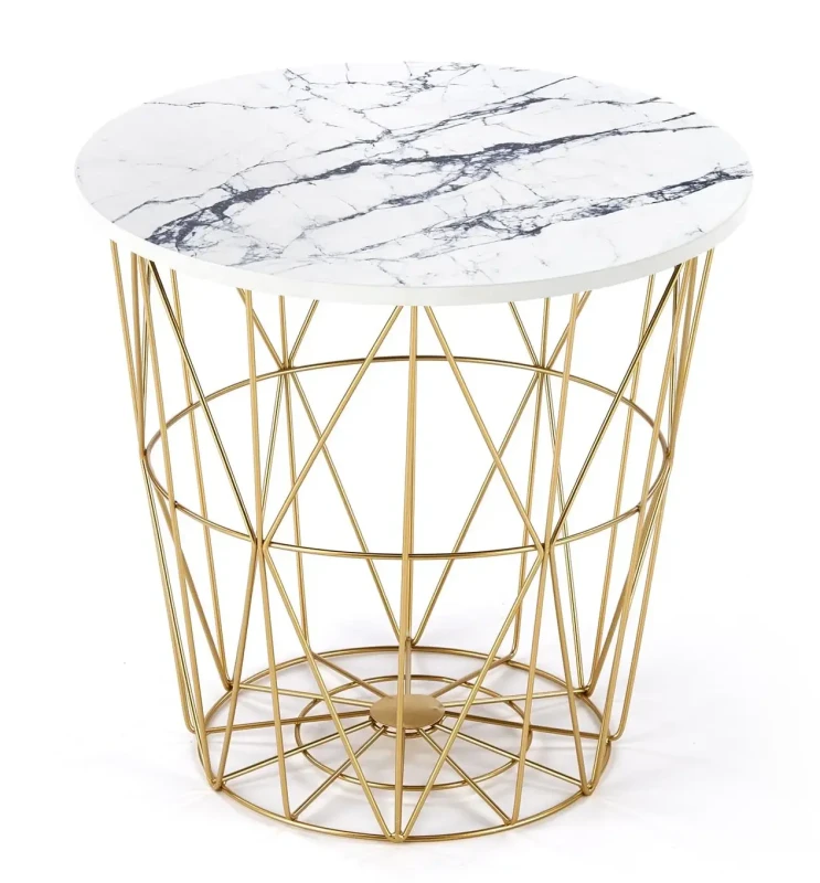 Ława okrągła Harrisa_G 42cm z funkcją pojemnika biały marmur/złoty