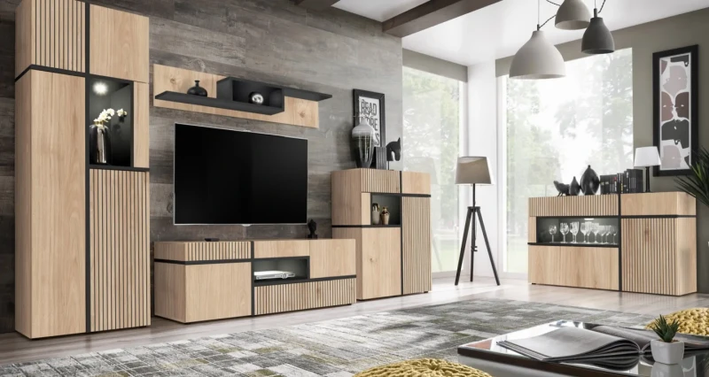 Komoda Cross 150 cm z oświetleniem LED do salonu hickory jackson/czarny