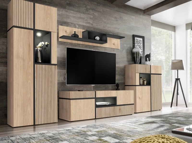 Witryna niska Cross 90 cm z LED do salonu hickory jackson/czarny