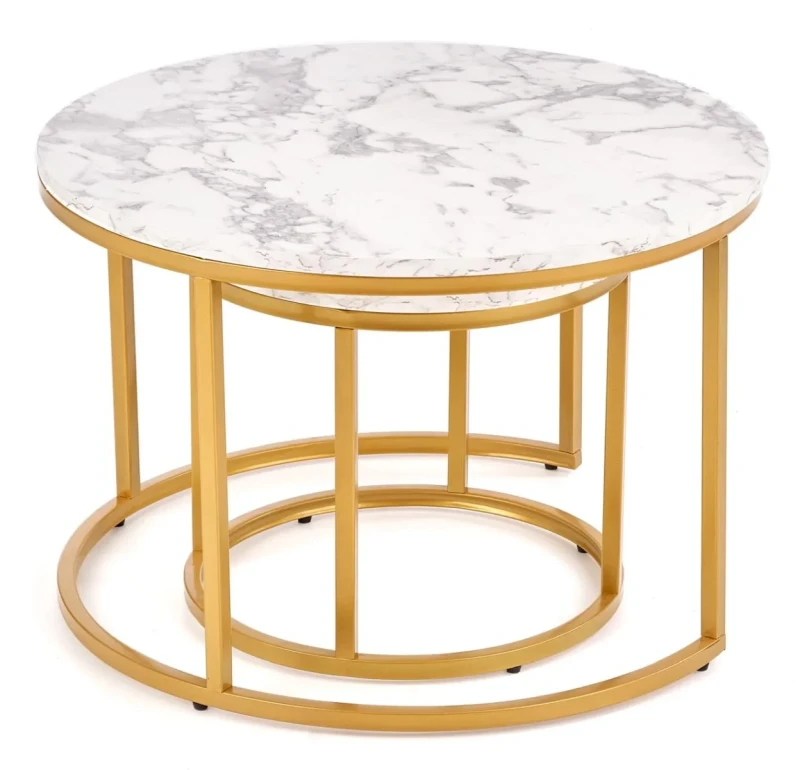 Zestaw 2 stolików Paola do salonu blat biały marmur/złoty