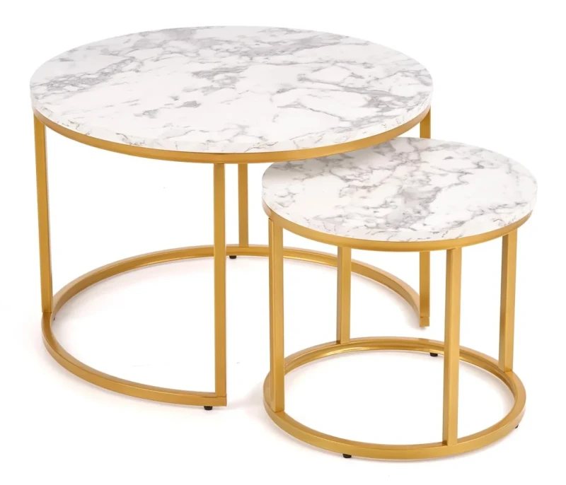 Zestaw 2 stolików Paola do salonu blat biały marmur/złoty