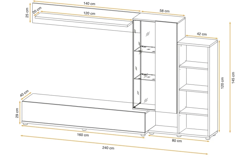 Meblościanka Silk II 240 cm zestaw 4 elementy z LED do salonu