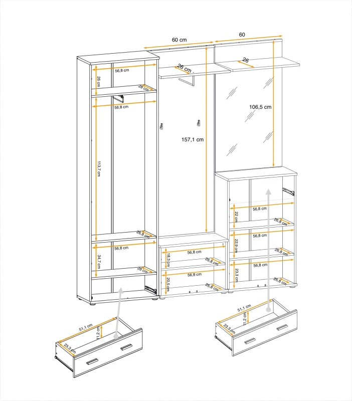Zestaw mebli do przedpokoju Marco III pięć elementów antracyt/dąb artisan