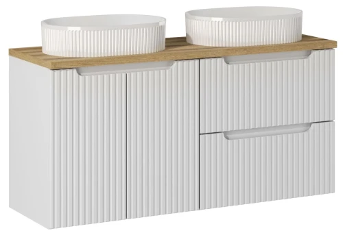 Zestaw mebli łazienkowych NOVA WHITE z dwoma umywalkami BEYOND i blatem dąb 120 cm - 5 elementów