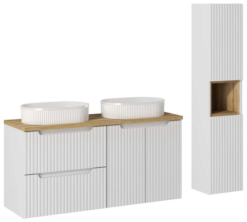 Zestaw mebli łazienkowych NOVA WHITE z dwoma umywalkami BEYOND i blatem dąb 120 cm - aranżacja z szafka wysoką