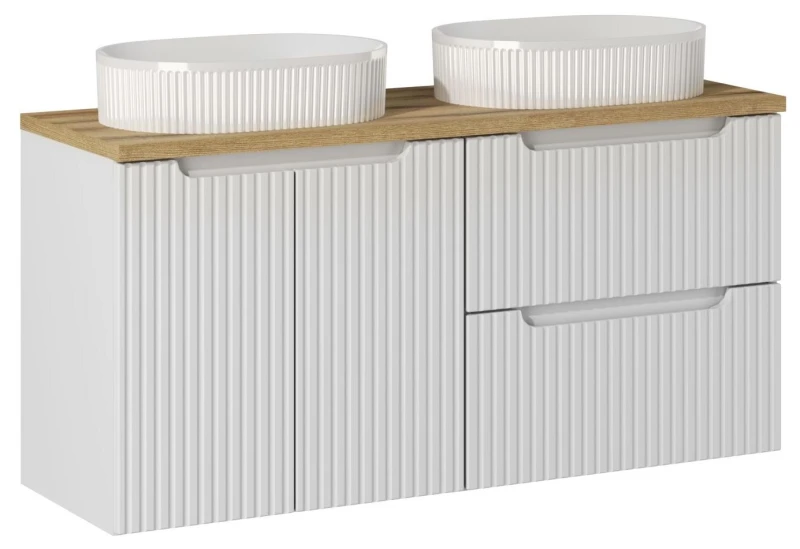 Zestaw mebli łazienkowych NOVA WHITE z dwoma umywalkami BEYOND i blatem dąb 120 cm