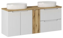 Zestaw mebli łazienkowych NOVA WHITE z dwoma umywalkami BEYOND i blatem dąb 140 cm - 6 elementów