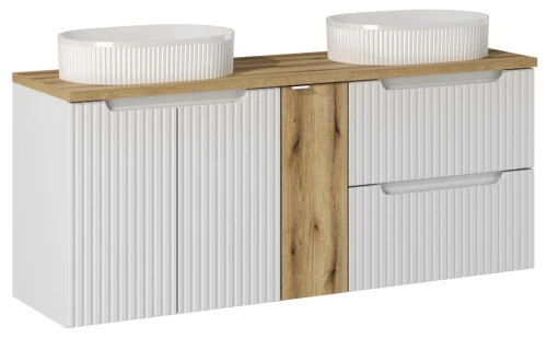 Zestaw mebli łazienkowych NOVA WHITE z dwoma umywalkami BEYOND i blatem dąb 140 cm - 6 elementów