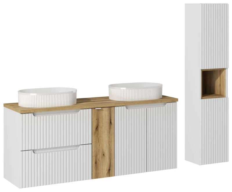 Zestaw mebli łazienkowych NOVA WHITE z dwoma umywalkami BEYOND i blatem dąb 140 cm - aranżacja z szafką wysoką