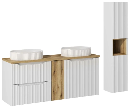 Zestaw mebli łazienkowych NOVA WHITE z dwoma umywalkami BEYOND i blatem dąb 140 cm - 8 elementów