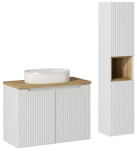 Zestaw mebli łazienkowych NOVA WHITE z umywalką BEYOND i blatem dąb 80 cm - 5 elementów