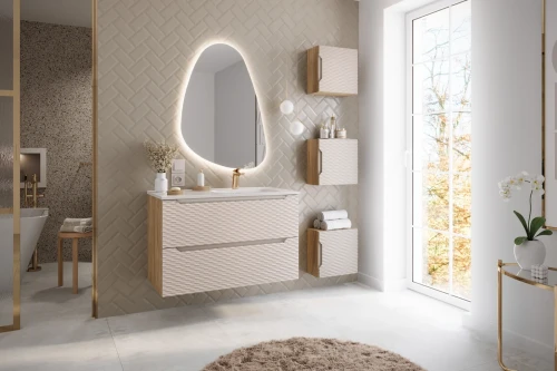 Szafka łazienkowa pod umywalkę 120 cm 2 szuflady OCEAN BEIGE beż + dąb olejowany - aranżacja
