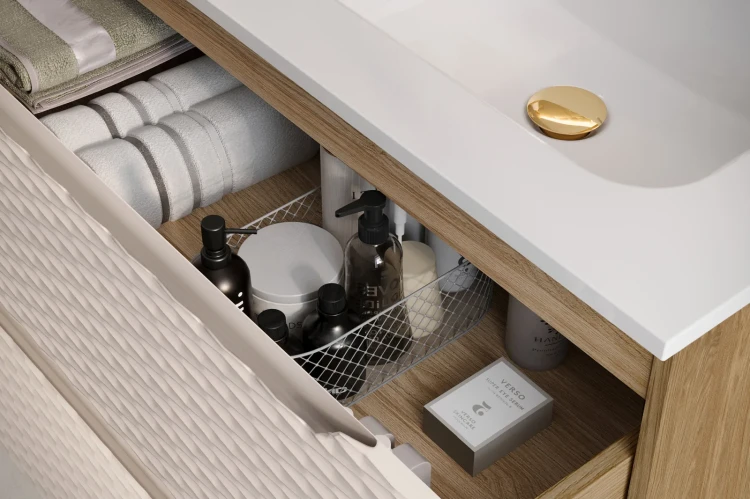 Szafka łazienkowa pod umywalkę 60 cm 2 szuflady OCEAN BEIGE beż + dąb olejowany - detal