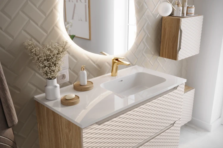 Szafka łazienkowa pod umywalkę 90 cm 2 szuflady OCEAN BEIGE beż + dąb olejowany - aranżacja