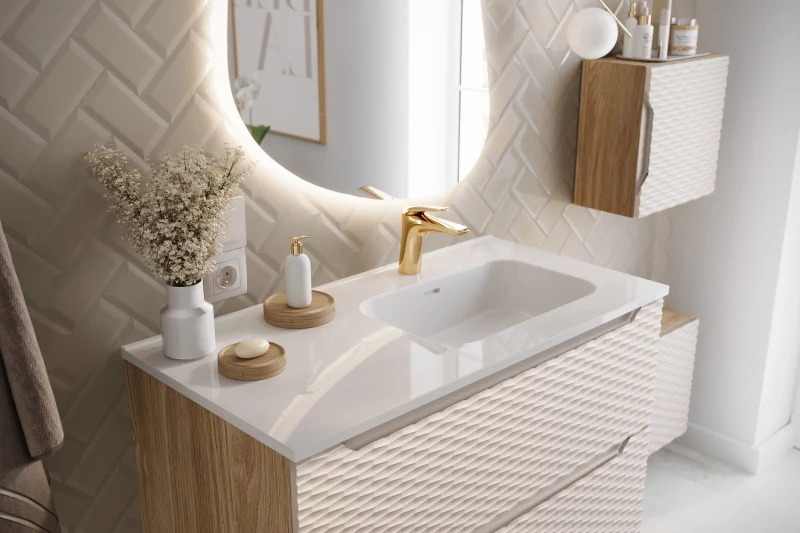 Szafka łazienkowa pod umywalkę 90 cm 2 szuflady OCEAN BEIGE beż + dąb olejowany - aranżacja