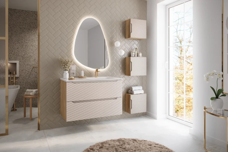 Szafka łazienkowa pod umywalkę 90 cm 2 szuflady OCEAN BEIGE beż + dąb olejowany - aranżacja