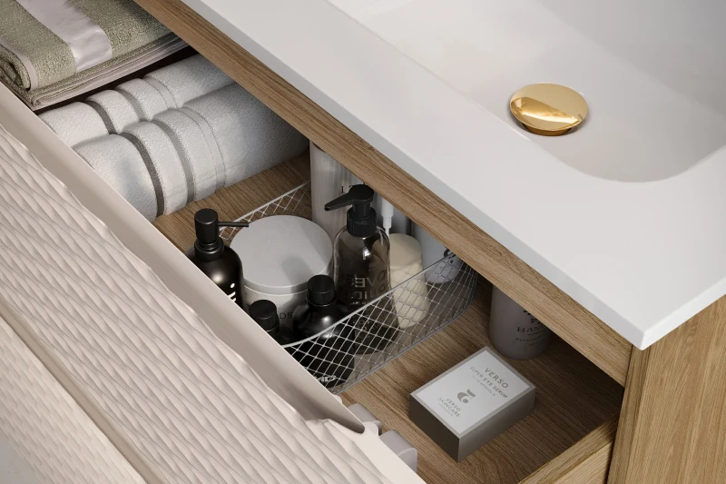 Szafka łazienkowa pod umywalkę 70 cm 2 szuflady OCEAN BEIGE beż + dąb olejowany - detal