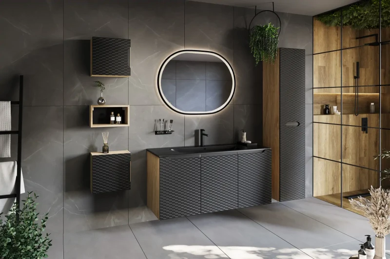 Szafka łazienkowa wysoka 2 drzwi OCEAN BLACK czarny + dąb olejowany  - aranżacja