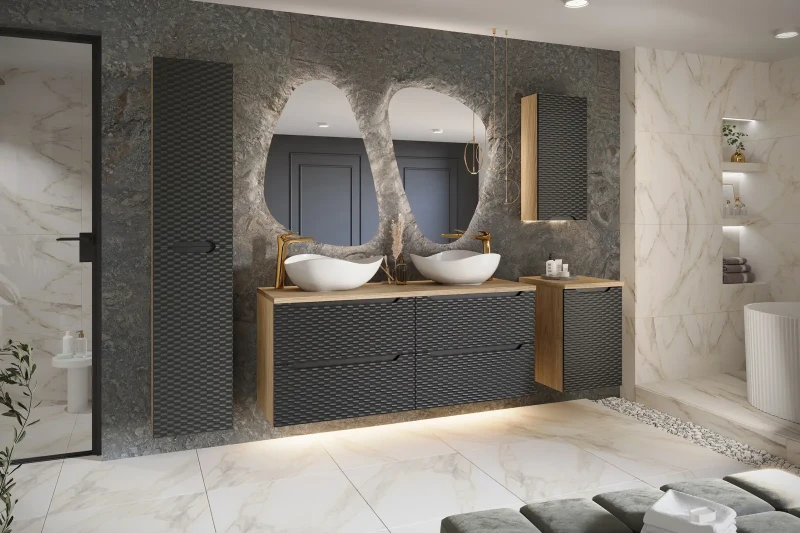 Szafka łazienkowa wysoka 2 drzwi OCEAN BLACK czarny + dąb olejowany - aranżacja