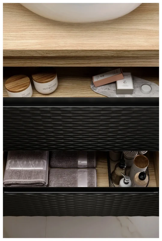 Szafka łazienkowa pod umywalkę 120 cm 2 szuflady OCEAN BLACK czarny + dąb olejowany - aranżacja z blatem i umywalką