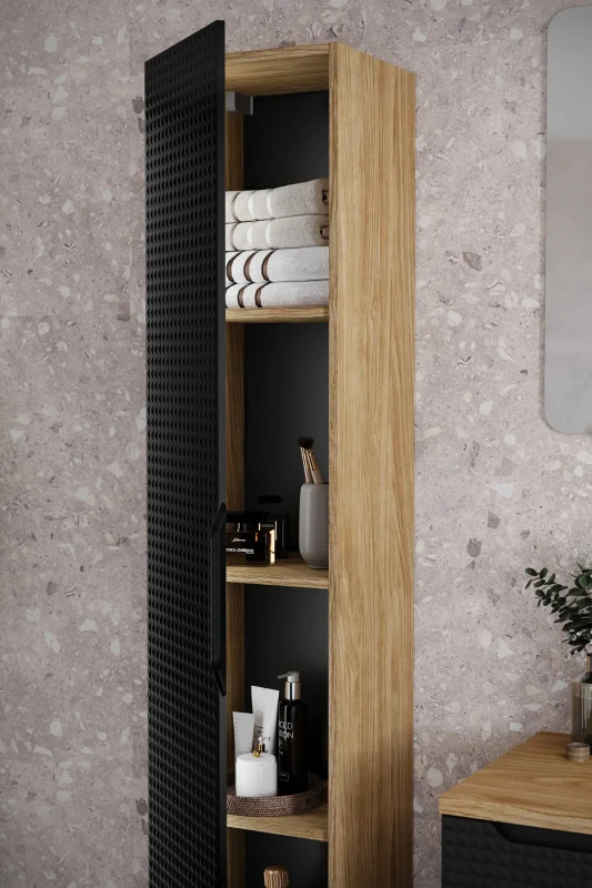 Szafka łazienkowa wysoka 1 drzwi LUXOR BLACK czarny + dąb olejowany