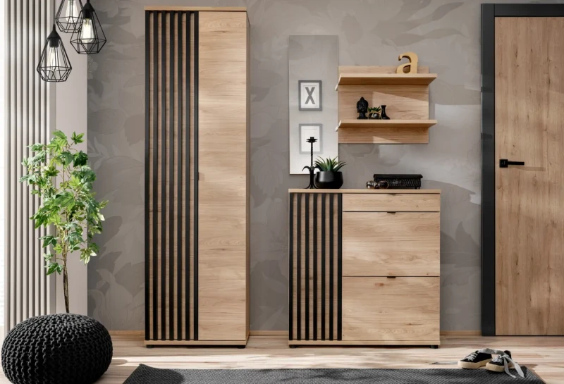 Komoda Pedro 90 cm z lamelami do przedpokoju hickory jackson/czarny