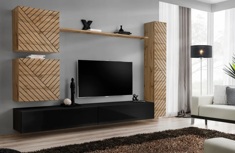 Meblościanka Switch Lamel VIII zestaw z frezowanymi frontami 6 elementów do salonu wotan/czarny
