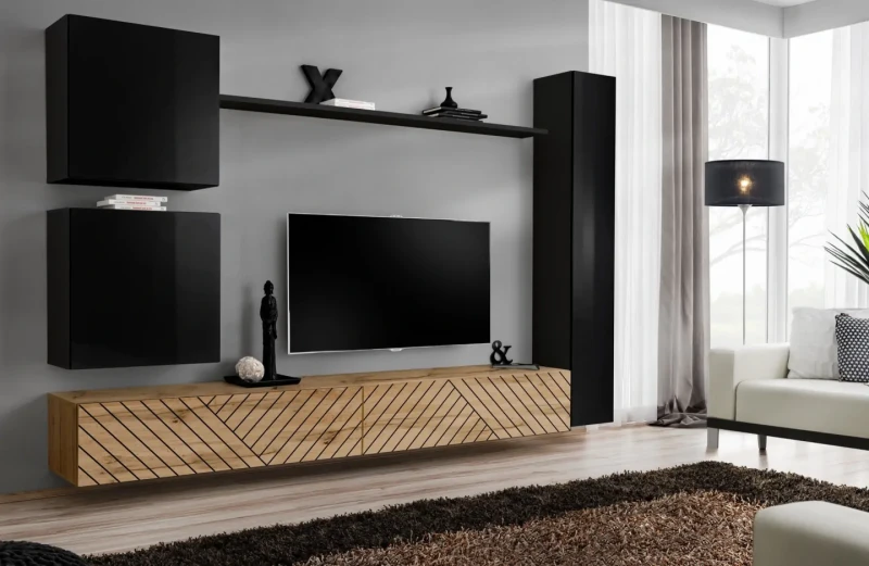 Meblościanka Switch Lamel VIII zestaw z frezowanymi frontami 6 elementów do salonu czarny/wotan