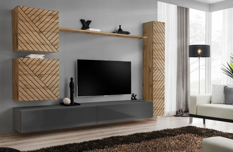 Meblościanka Switch Lamel VIII zestaw z frezowanymi frontami 6 elementów do salonu wotan/grafit