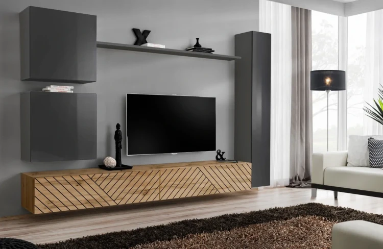 Meblościanka Switch Lamel VIII zestaw z frezowanymi frontami 6 elementów do salonu grafit/wotan