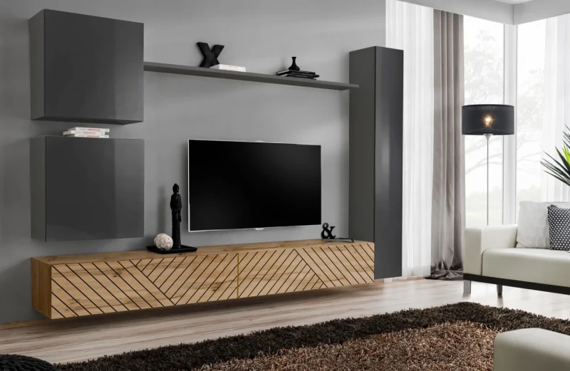 Meblościanka Switch Lamel VIII zestaw z frezowanymi frontami 6 elementów do salonu grafit/wotan