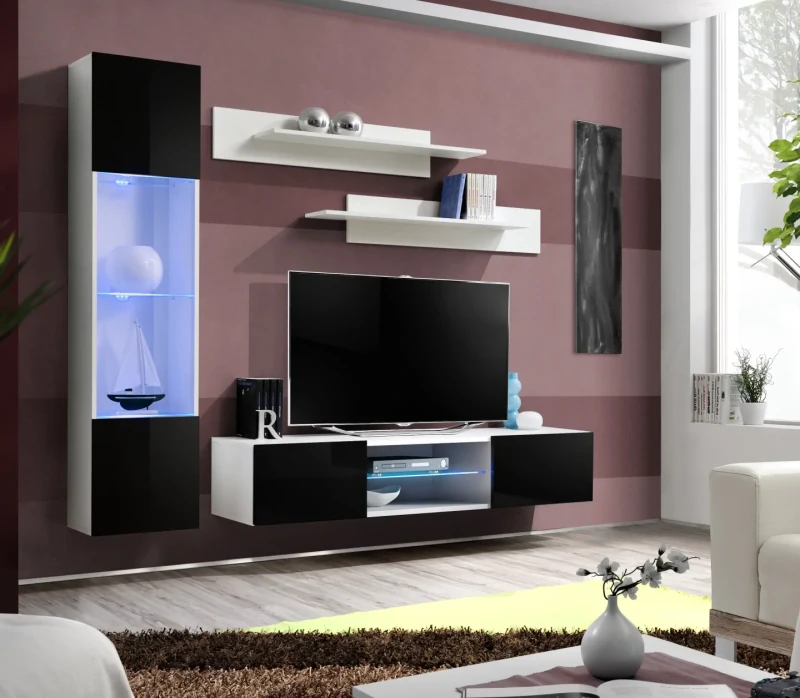 Meblościanka Fly R3 zestaw 4 elementy z oświetleniem LED do salonu biały/czarny połysk