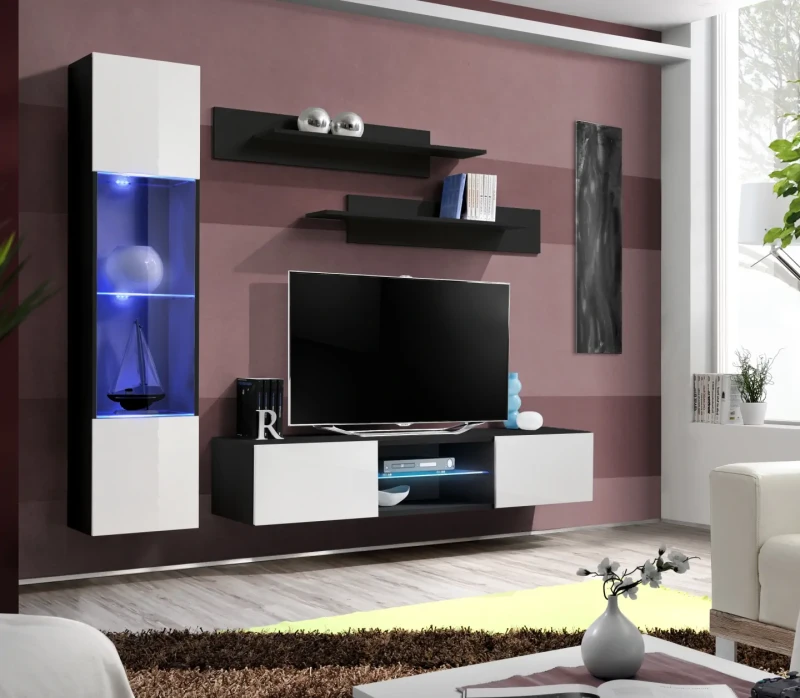 Meblościanka Fly R3 zestaw 4 elementy z oświetleniem LED do salonu czarny/biały połysk