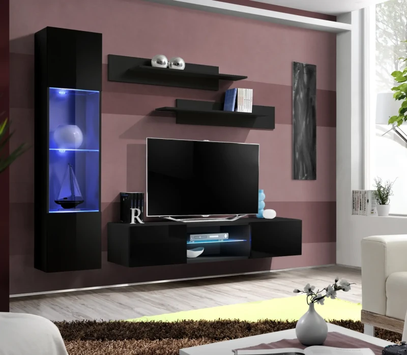 Meblościanka Fly R3 zestaw 4 elementy z oświetleniem LED do salonu czarny/czarny połysk
