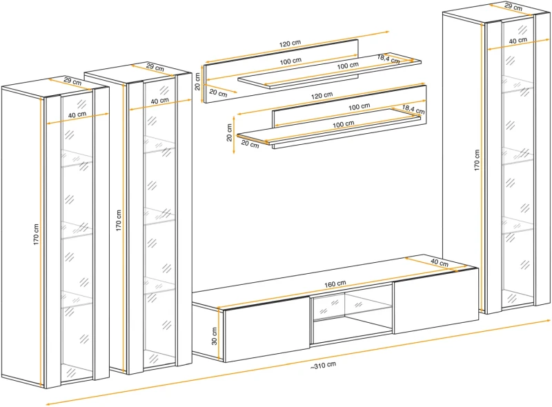 Meblościanka Fly P2 zestaw 6 elementów z oświetleniem LED do salonu