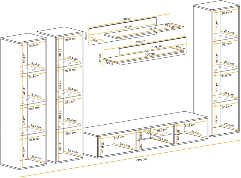 Meblościanka Fly P2 zestaw 6 elementów z oświetleniem LED do salonu