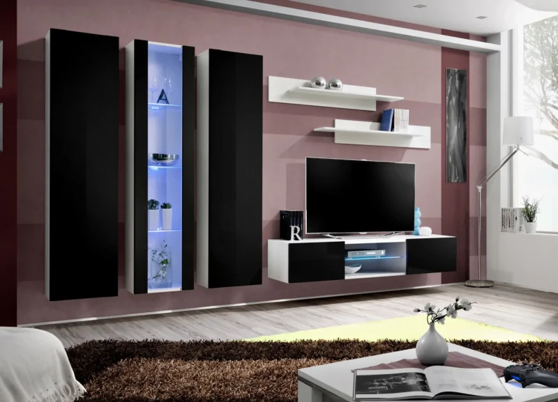 Meblościanka Fly P4 zestaw 6 elementów z oświetleniem LED do salonu biały/czarny połysk