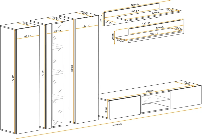 Meblościanka Fly P4 zestaw 6 elementów z oświetleniem LED do salonu